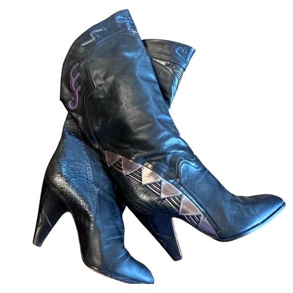 🔥🔥80s Italian Vintage Heeled Boots Mixed Media Leather 38/7.5 or 8 Amazing - Picture 2 of 12